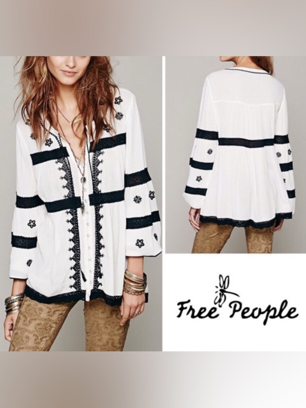 Free People White Tunic with Black Embroidered Trim